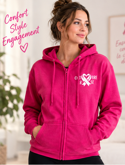 Sweat zippé à capuche Octobre Rose
